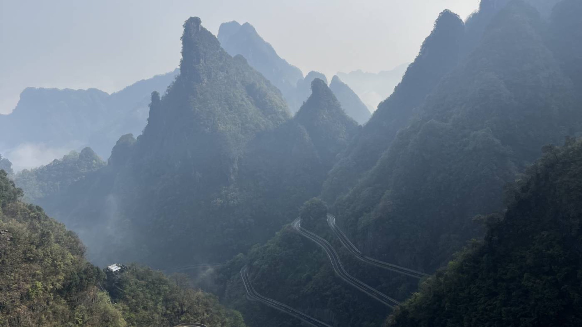 A view from Tianamen Mountain looking down at the switchbacks.