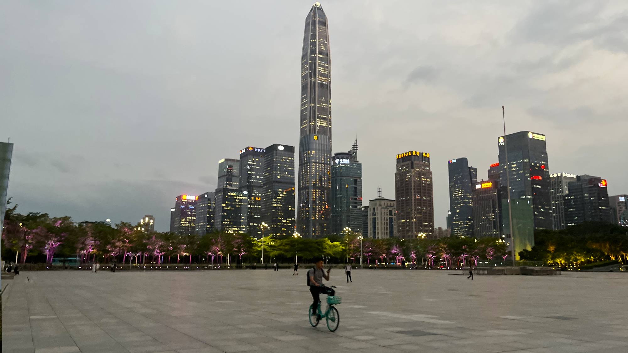 The view from Civic Center square towards the Futian at dusk.