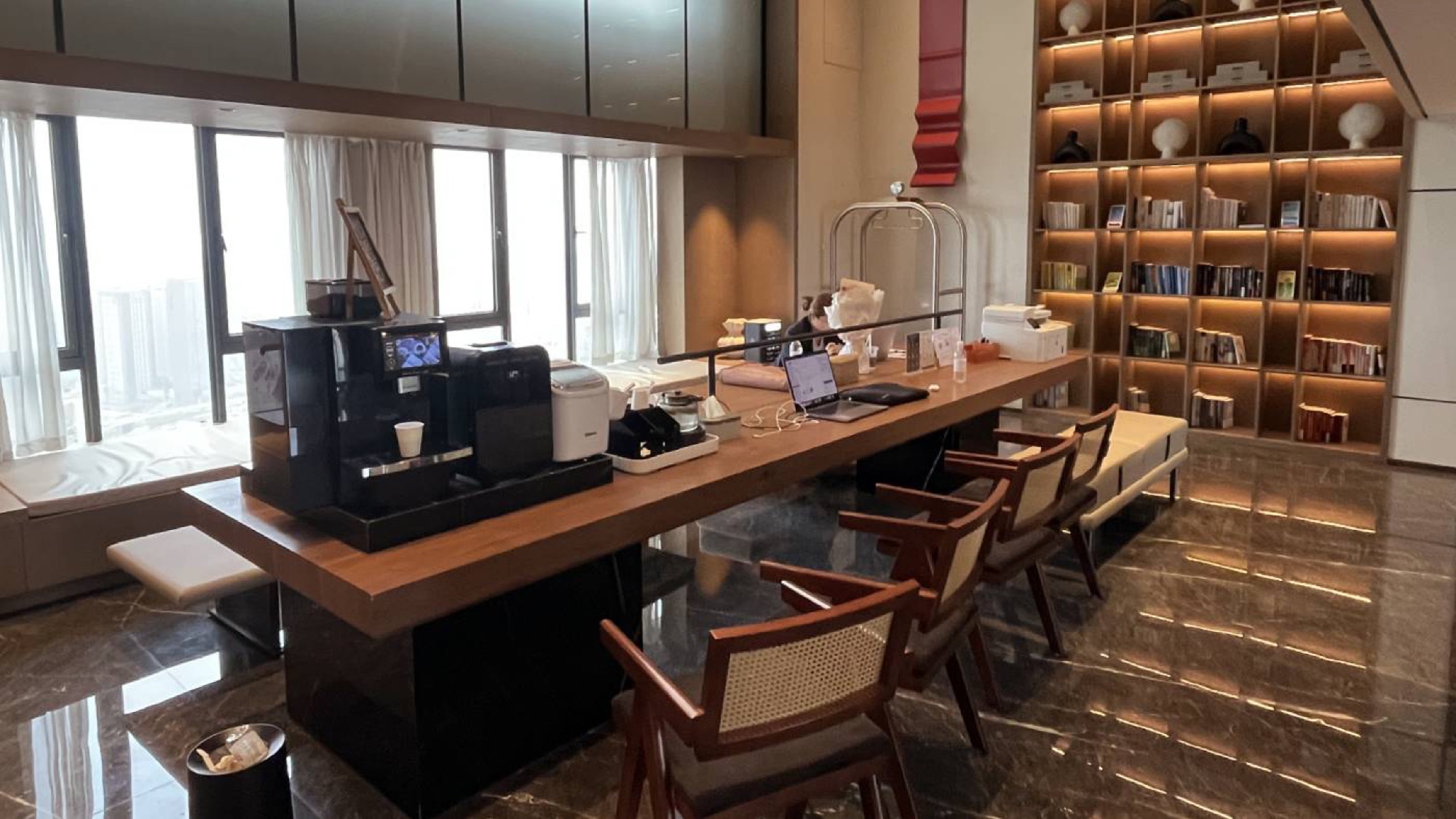 One of the best views I found from the coworking spaces. Looking north from the 59th floor of the Atour Gukaifu Temple Furong Middle Road Hotel. Free coffee, plenty of space and a large lounge seating area just out of shot.