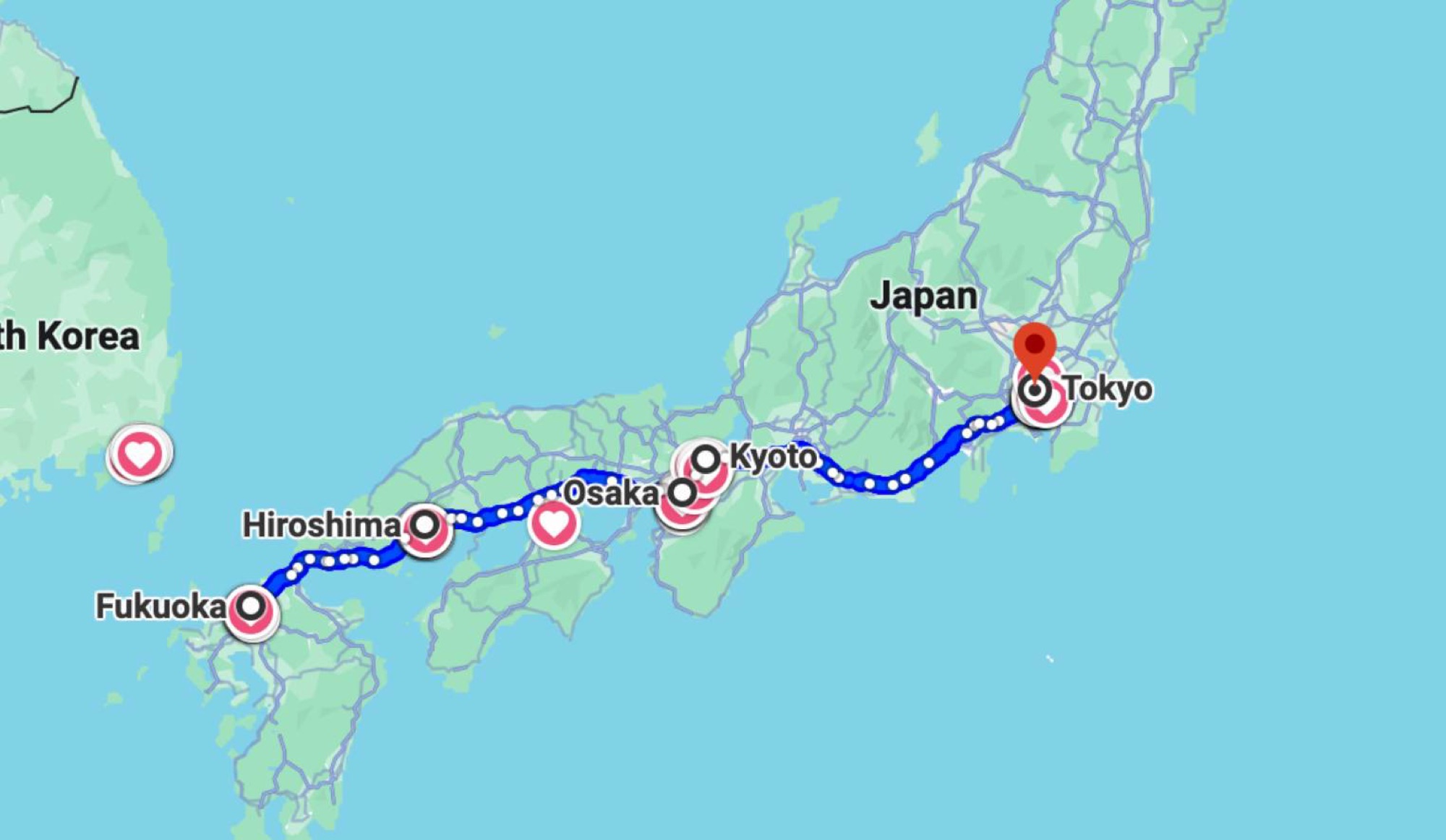 The route O took before flying down to Okinawa from Tokyo.