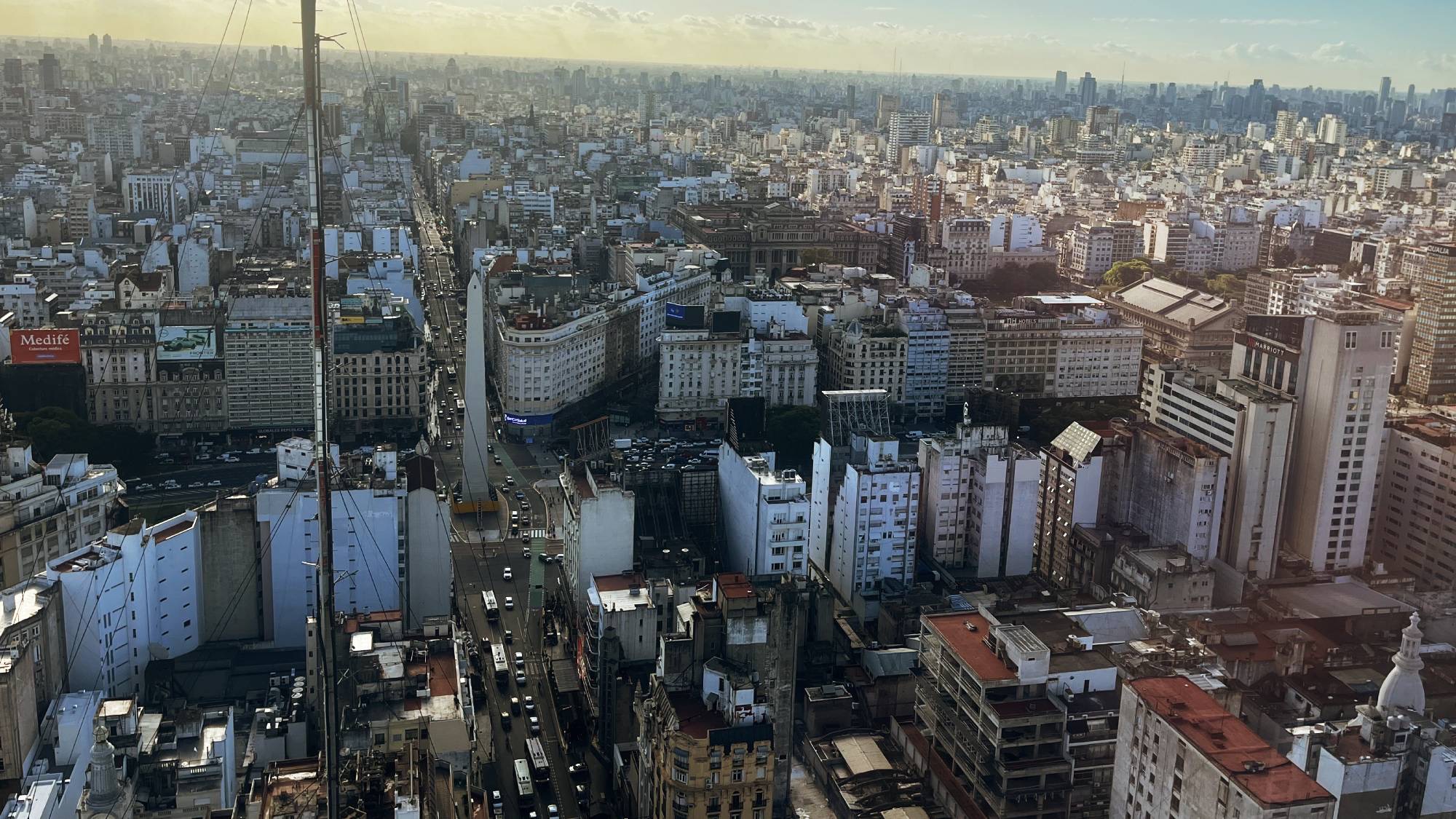 Looking towards Plaza de la República from the 38th floor of the WeWork at Av. Corrientes, the views alone make it a place worth seriously considering for working during your time in the city. By far, it offers the best views of any of their locations—one of the highest viewpoints in the CBD.