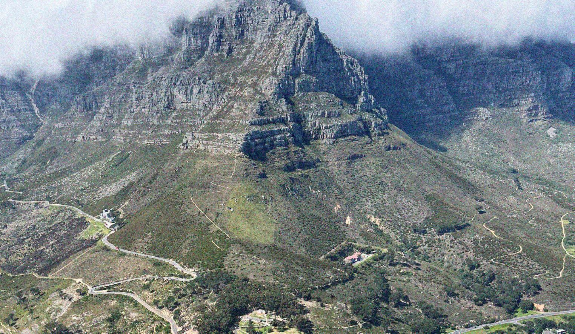Low lying clouds on Table Mountain, viewing from Lion's Head.