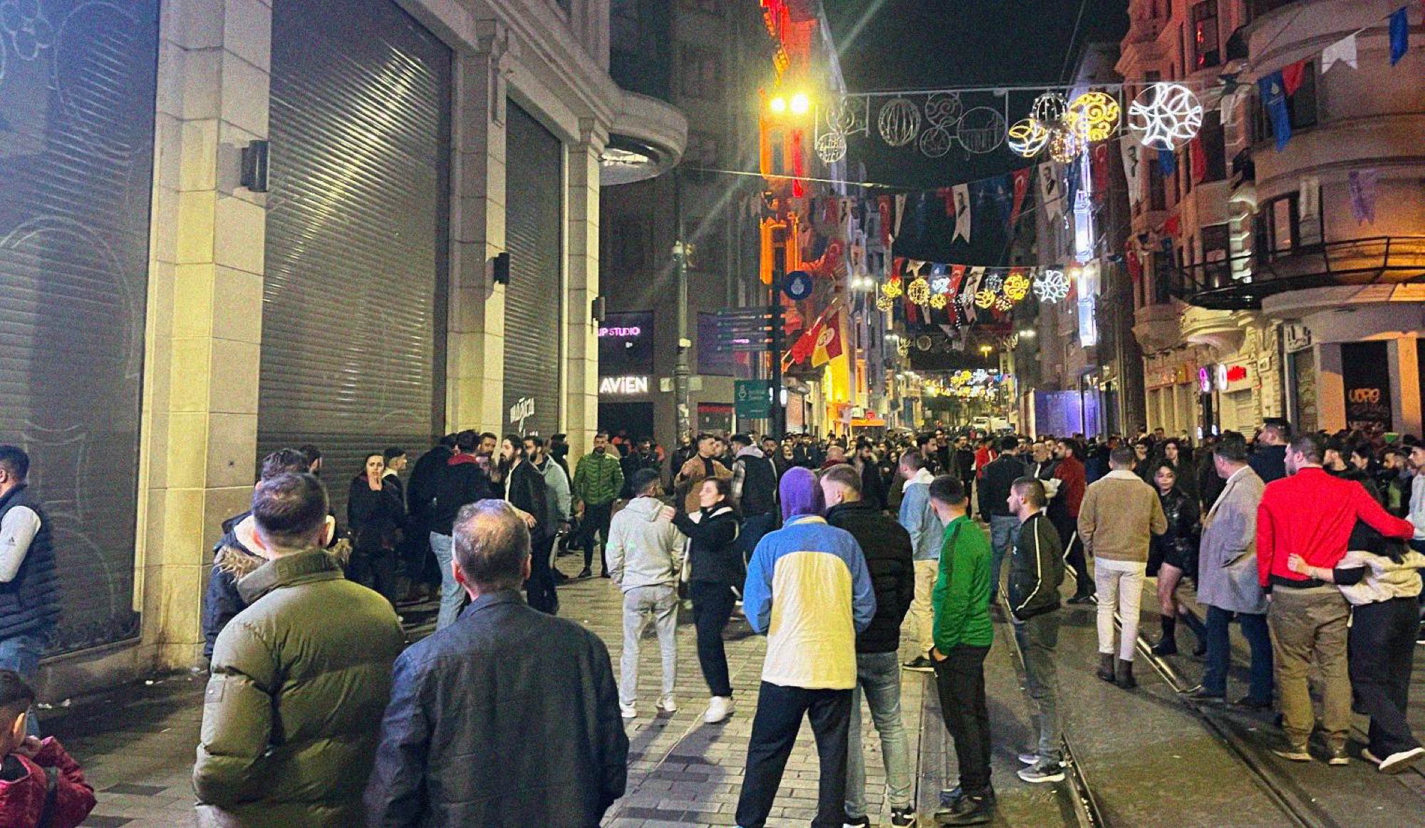 Istiklal Caddesi is Istanbul's equivalent of London's Oxford Street, fully pedestrianised, with the notable exception of a vintage tram that runs along its length. Whichever time of day you walk through it, it's likely to be awash with people. This photo was taken at 04:21 on a Saturday night in December.