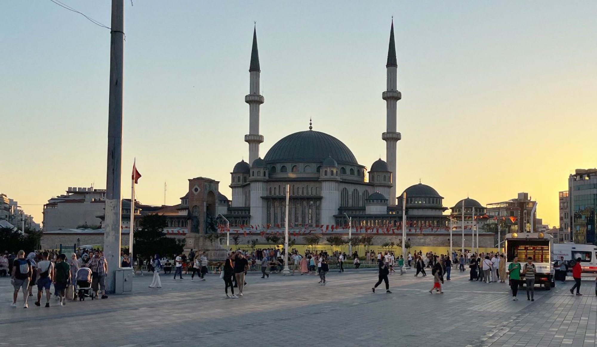 Sunset in Taksim Square looking towards the mosque.