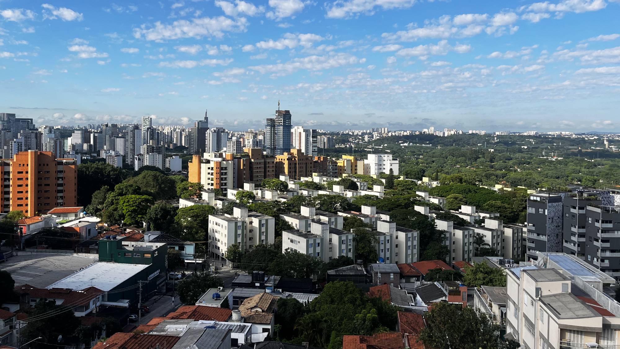 A view looking east from the balcony of the WeWork in Vila Madalena. For a city often likened to the dystopian urban sprawl of Gotham, São Paulo is far from a grey concrete metropolis and features a number of remarkably leafy corridors.