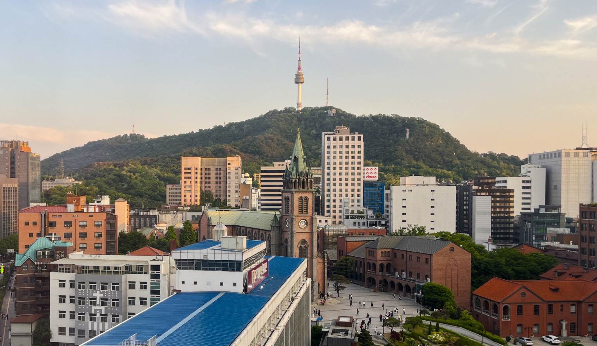 View from the 11th floor of the Euljiro WeWork location looking towards the Myeong-dong Cathedral with the Seoul Tower in the background.